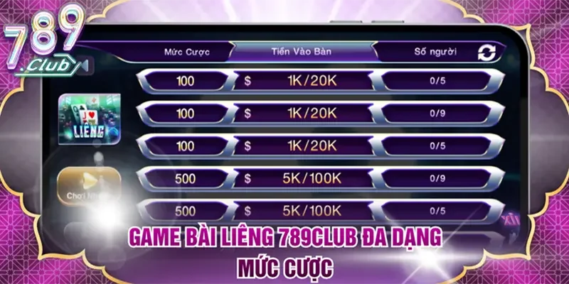 Game Liêng 789club đa dạng mức cược